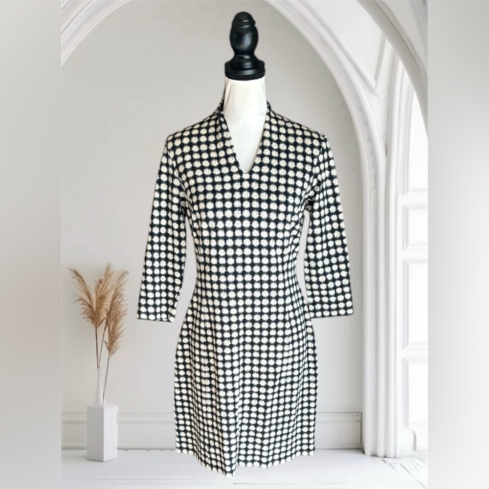 J. McLaughlin Black & Cream Geometric Print Dress 3/4 Sleeves S